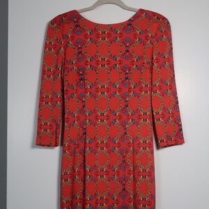 SUNO Red Floral Pattern Silk Sheath Dress with 3/4 Cuffed Sleeves